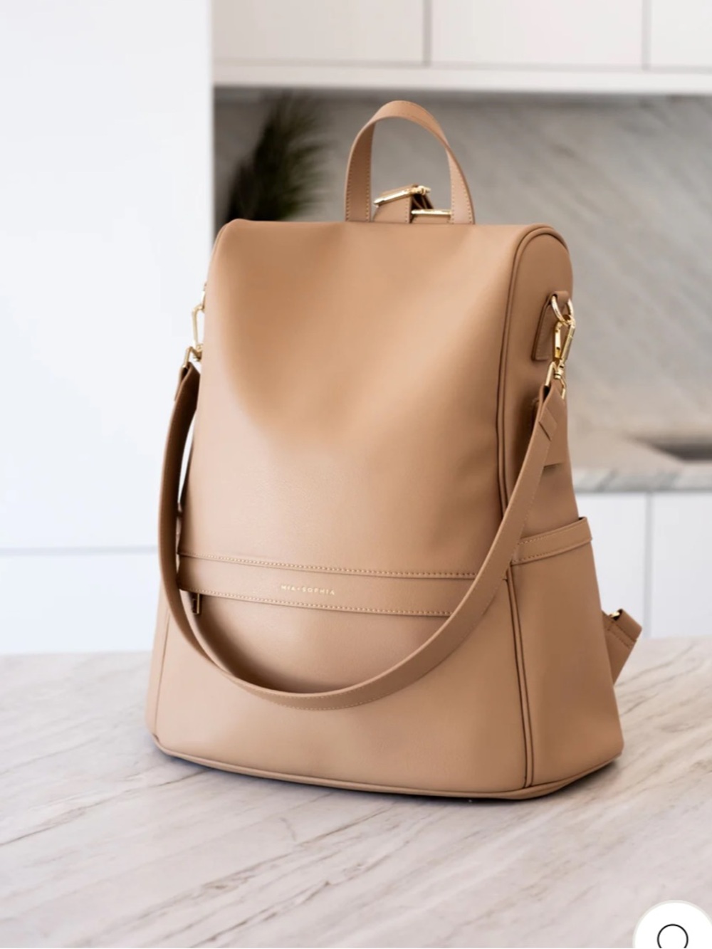 Mia and Sophia backpack diaper bag Tan Leather Convertible Backpack with pouch